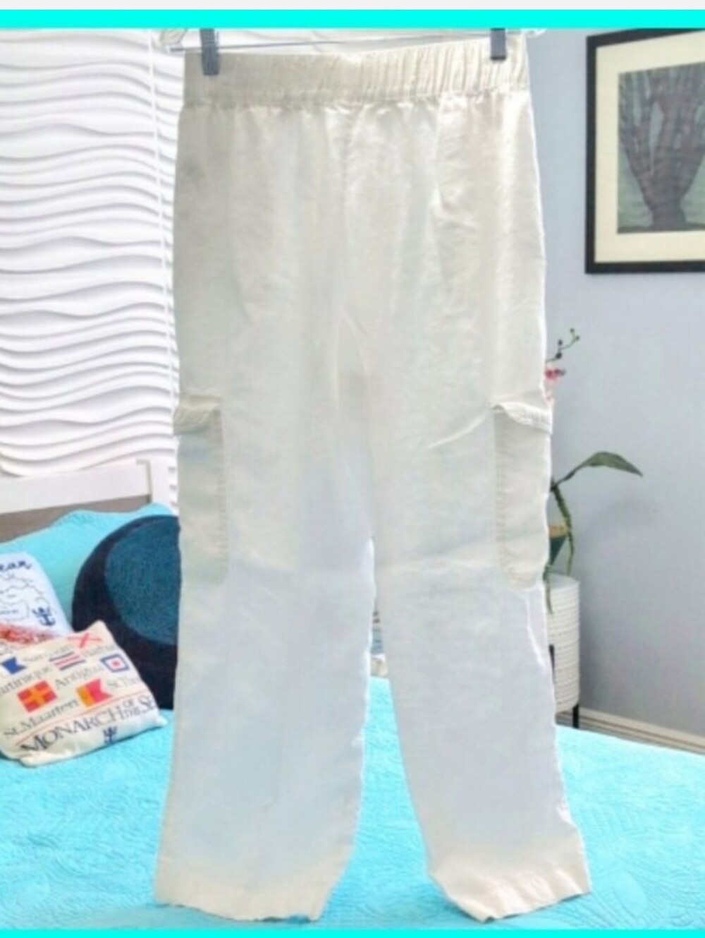 C&C California White Linen Baggy pull-on Wide Leg Cargo Pants 2 snap pockets